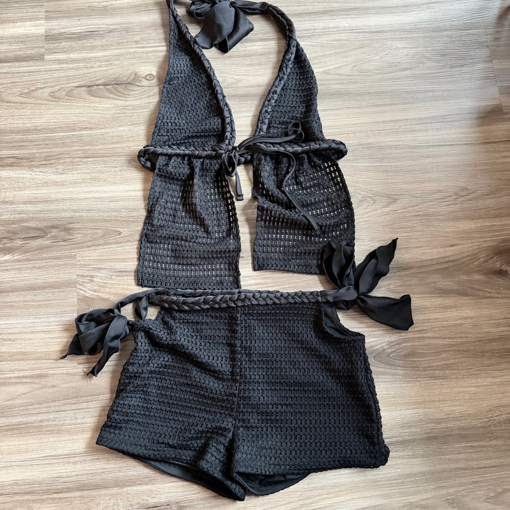 Black Crochet Halter Top and Shorts Set